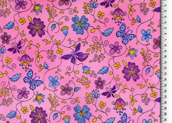 Organic Cotton Baumwolle Blumenranken und Schmetterlinge auf Rosa